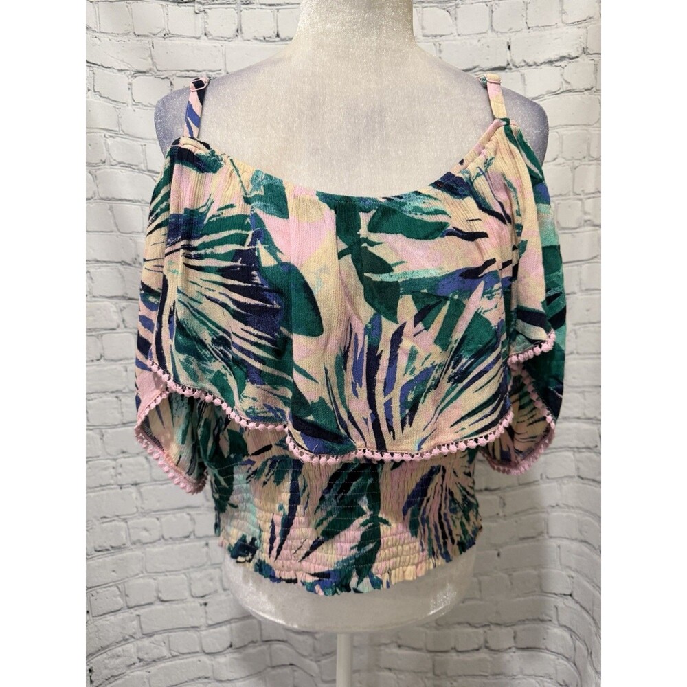 Torrid Floral Gauze Crinkle Cold Shoulder Ruffle Top SIZE 2/2X Pink & Green